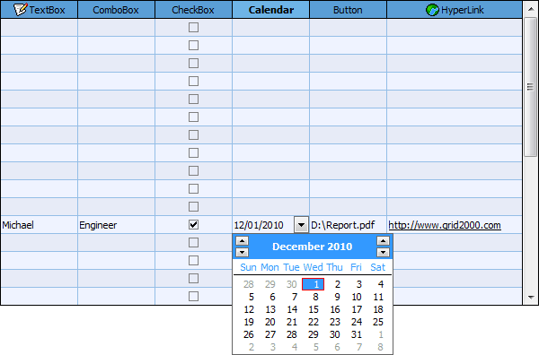 Grid with ComboBox, CheckBox, Calendar, Button, TextBox and HyperLink